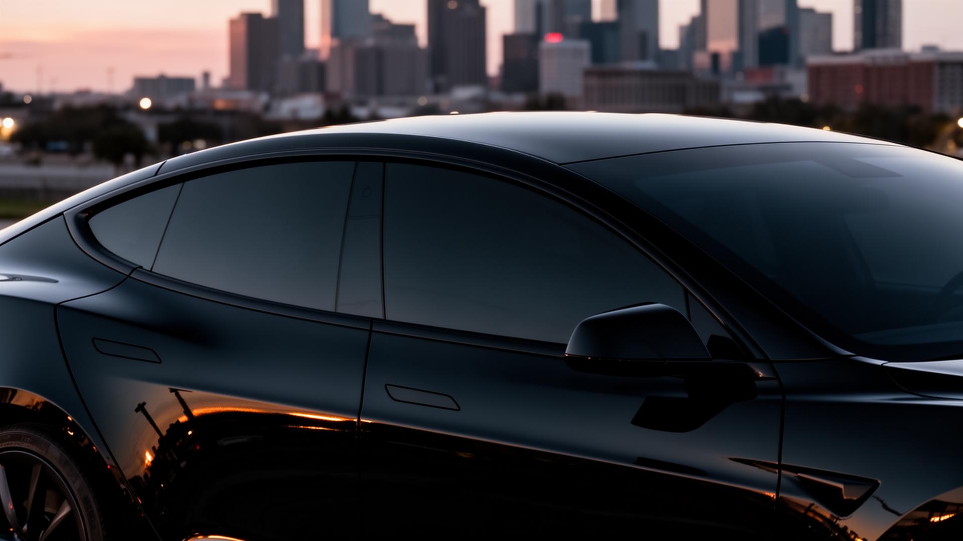 Tesla with nano ceramic tint at Houston dusk